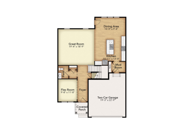 First floor plan of a house showing a foyer, flex room, powder room, great room, dining area, kitchen with island, mud room, covered porch, and a two-car garage. Rooms are labeled with dimensions.