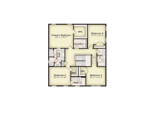 Floor plan of a house featuring an owners bedroom with a walk-in closet and bath, three additional bedrooms, two more bathrooms, two walk-in closets, and a central laundry room, all connected by a central hallway.