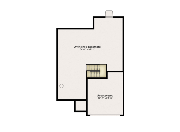 A floor plan shows an unfinished basement labeled 34-4 x 37-1 and an unexcavated area labeled 18-6 x 21-3. Stairs are located between the two sections.