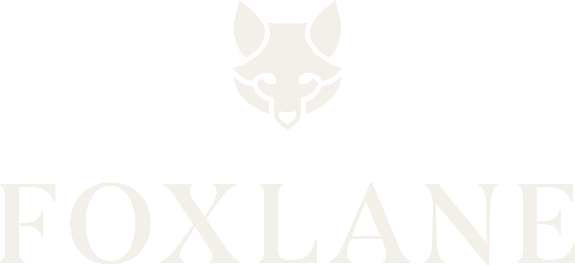 A minimalist fox head logo in light beige is centered above the word FOXLANE in large, elegant capital letters, also in light beige, on a white background.