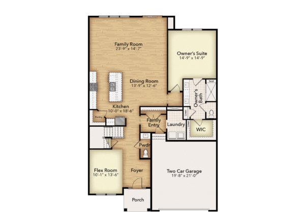 Floor plan of a single-story home showing a family room, dining room, kitchen, flex room, owners suite with bath and walk-in closet, laundry, powder room, two-car garage, foyer, and porch.