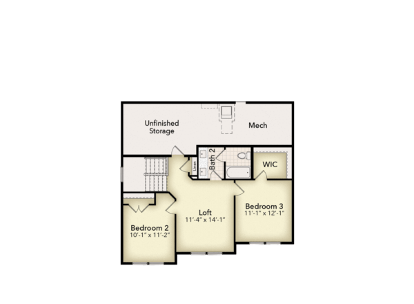 Floor plan of a house’s upper level showing two bedrooms, a loft, a bathroom, a walk-in closet (WIC), mechanical room (Mech), and unfinished storage area. Stairs lead down from the loft area.