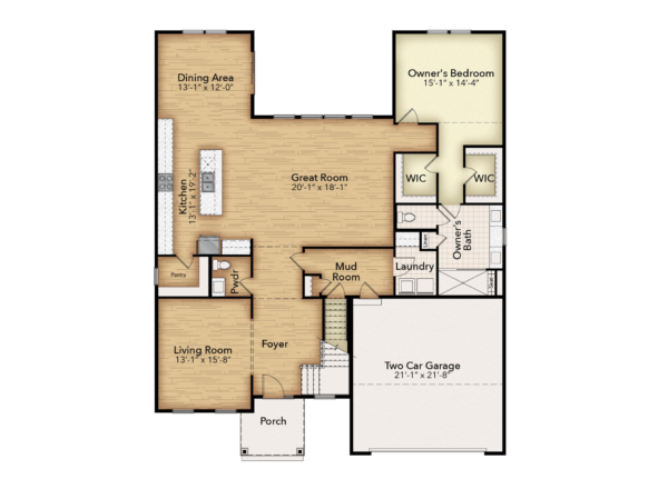 Floor plan of a single-story home showing a porch, foyer, living room, kitchen, dining area, great room, mud room, owners bedroom with en suite bath and two walk-in closets, laundry room, and a two-car garage.