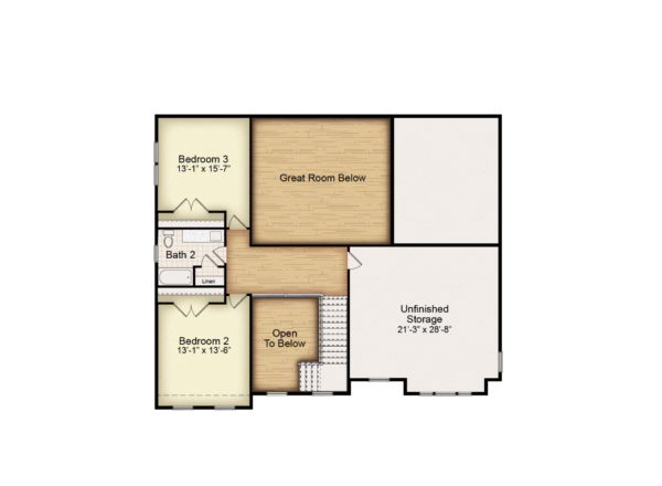 Second floor house plan showing Bedroom 2 and Bedroom 3, a bathroom, an open area to below, great room below, and large unfinished storage space. Stairs are located near the open area to below.