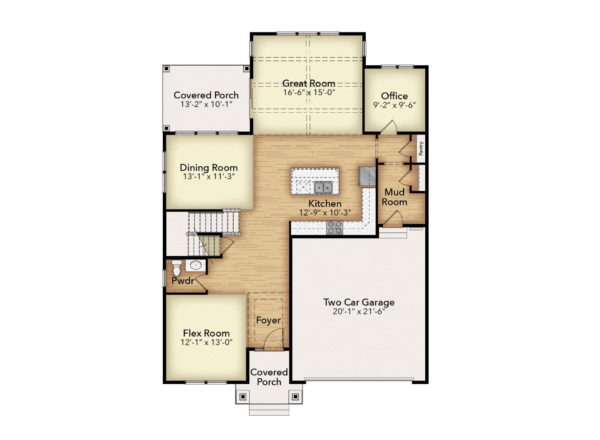 A floor plan shows a house layout with a foyer, flex room, dining room, powder room, kitchen, great room, office, mud room, two-car garage, and two covered porches.