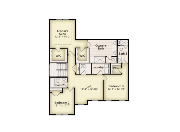 Floor plan showing an owner’s suite with two walk-in closets and a bathroom, two additional bedrooms, two more bathrooms, a loft area, laundry room, and extra walk-in closets. Room dimensions are labeled.