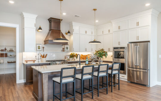 Modern kitchen with white cabinets, stainless steel appliances, a large island with four barstools, pendant lights, a wooden floor, and decorative plants and accessories on the counters.