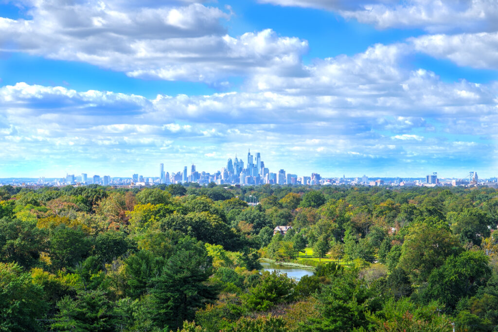 Downtown Philadelphia and surrounding nature