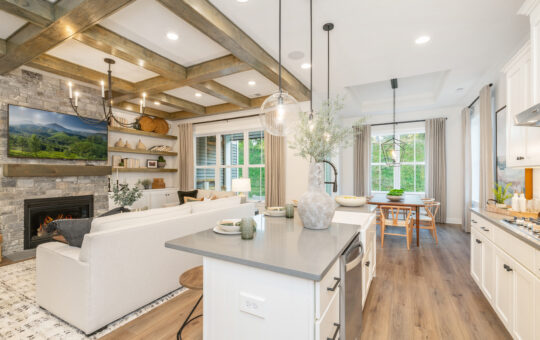 Modern open-concept kitchen and living room with wooden floors, white cabinets, a stone fireplace, large windows with natural light, neutral décor, and greenery visible outside.