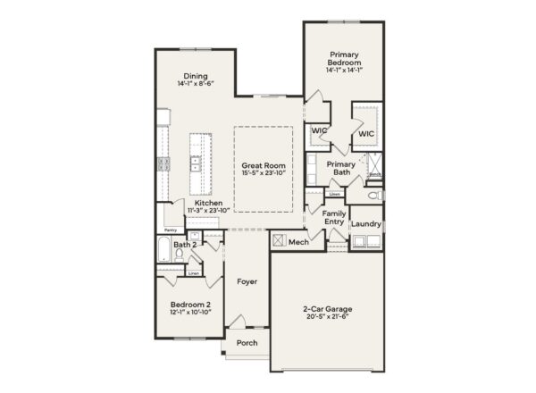 Floor plan of a house with two bedrooms, two baths, a kitchen, dining area, great room, family entry, laundry, porch, and a 2-car garage. Bedrooms are on opposite sides of the house.