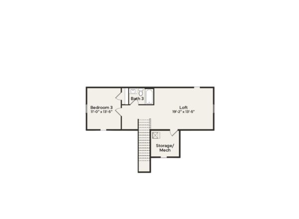 Second floor plan with Bedroom 3, Bath 3, a Loft, Storage/Mech room, and stairs. Bedroom and bath are on the left, loft on the right, storage below the loft, and stairs centered at the bottom.