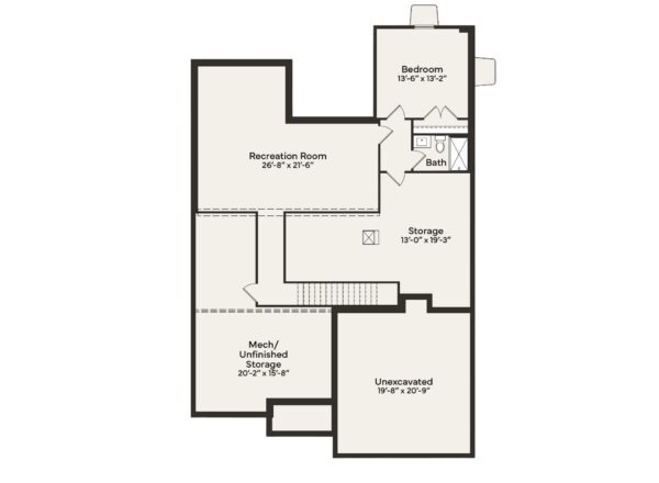 Basement floor plan with a bedroom, bath, recreation room, storage, mechanical/unfinished storage, and an unexcavated area. Rooms are labeled with dimensions in feet and inches.