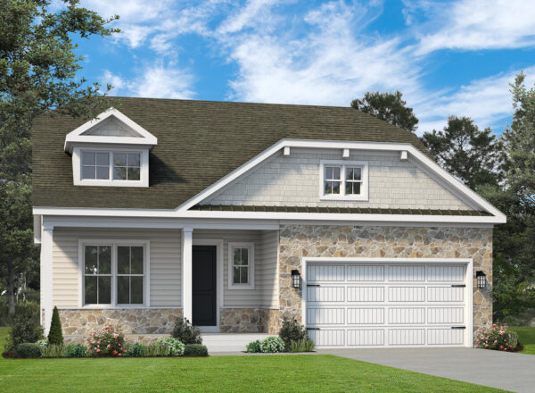 Single-story house with stone and siding exterior, gabled roof, two-car garage, front porch, green lawn, and trees in the background under a blue sky with scattered clouds.