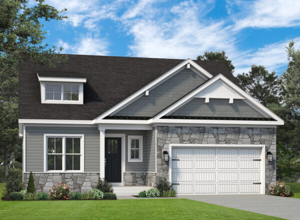 A modern suburban house with gray siding, stone accents, a black shingle roof, white trim, a double garage, and a small porch. The yard is green with shrubs and trees in the background under a blue sky.