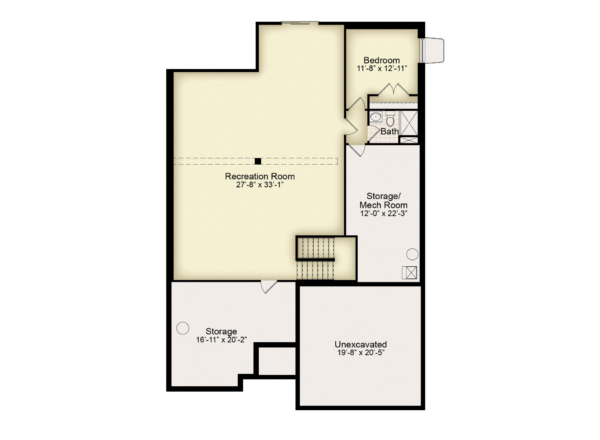 Basement floor plan showing a bedroom, bathroom, recreation room, storage/mechanical room, storage area, unexcavated space, and stairs. Room dimensions are labeled.