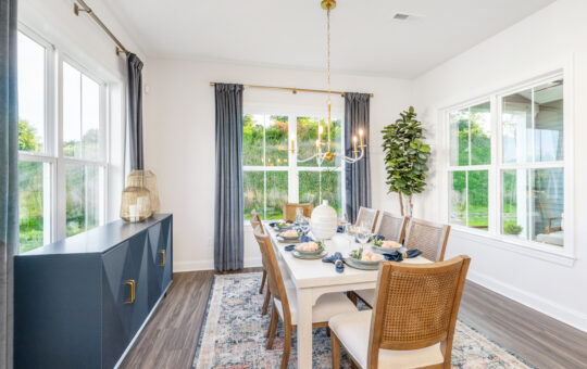 Bright dining room with large windows, a white table set for six, wicker chairs, a patterned rug, a tall plant in the corner, blue sideboard, and a modern chandelier above the table.