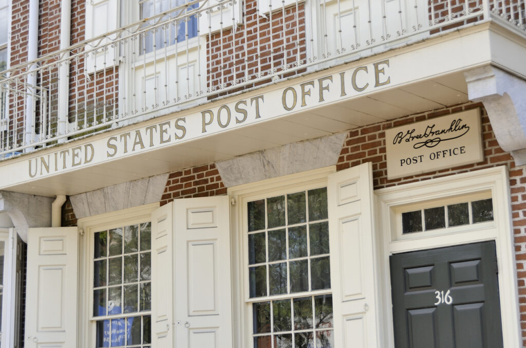 Philadelphia, USA - June 7, 2012: Facade of the United States Post Office in Philadelphia. Founding Father Benjamin Franklin was the postmaster.