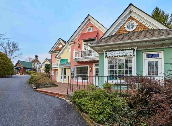 A row of charming, colorful shops with decorative facades lines a quiet street, evoking the charm of townhomes in Philadelphia. The closest building has a sign reading “Blessings,” with shrubs and trees along the sidewalk under a clear sky.
