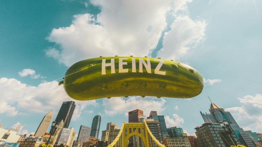 the heinz pickle balloon flying above pittsburgh