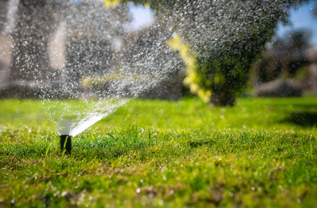 Automatic sprinkler system watering the lawn. 