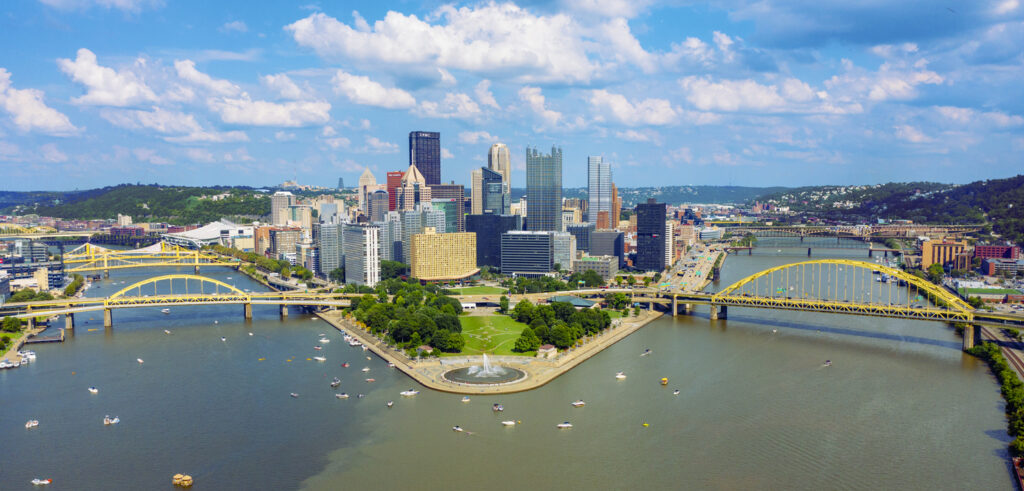Pittsburgh skyline downtown aerial view PA USA