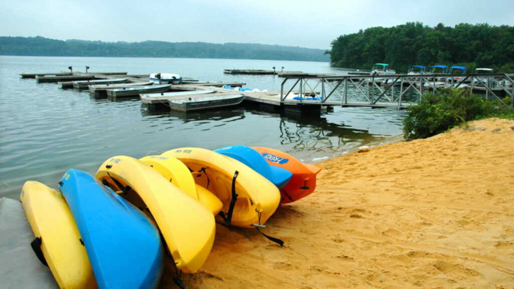 canoes and lake at Nockamixon State Park