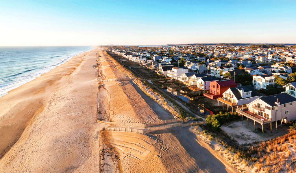 Drone view of South Bethany Beach Delaware and dune line 