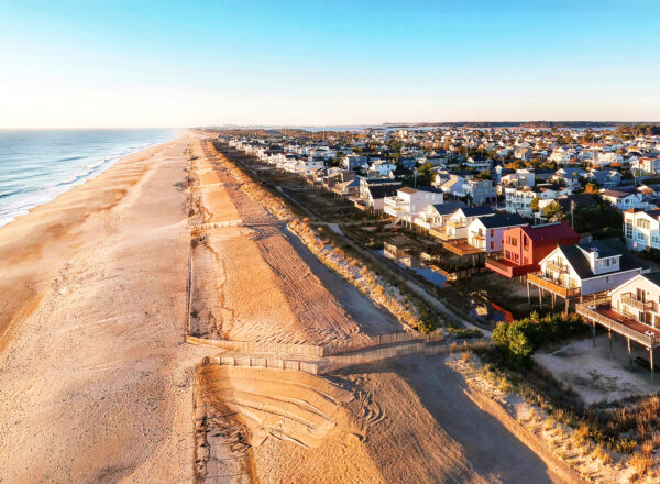 Drone view of South Bethany Beach Delaware and dune line constructed by The Army Corps of Engineers