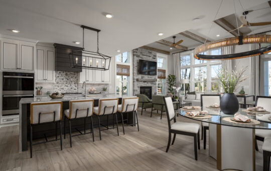 Modern open-concept kitchen and living area with a large island, bar stools, pendant lighting, dining table set for four, cozy seating area, fireplace, wall-mounted TV, and large windows letting in natural light.