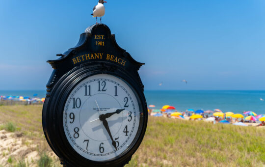 A black clock labeled “Bethany Beach” stands in front of grassy dunes, with a seagull perched on top. Colorful umbrellas and people are visible on a sunny beach by the blue ocean under a clear sky.