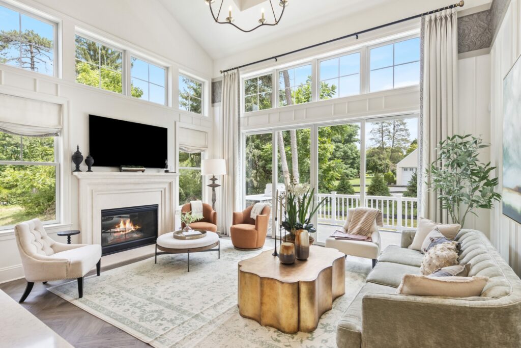 interior of a foxlane homes carriage home. fully furnished living room