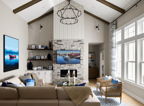 A living room with a fireplace and a couch.