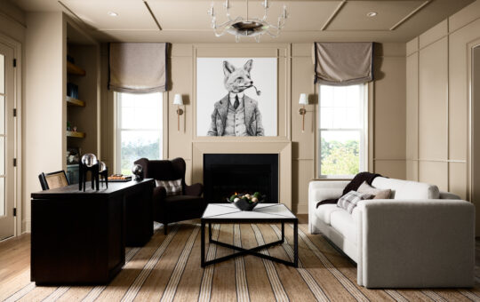 A modern living room with beige walls, striped carpet, a white sofa, a dark armchair, coffee table, and a desk. Above the fireplace hangs art of a fox dressed in a suit, smoking a pipe. Light enters through two large windows.