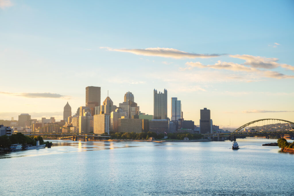 Pittsburgh cityscape with the Ohio river in the morning