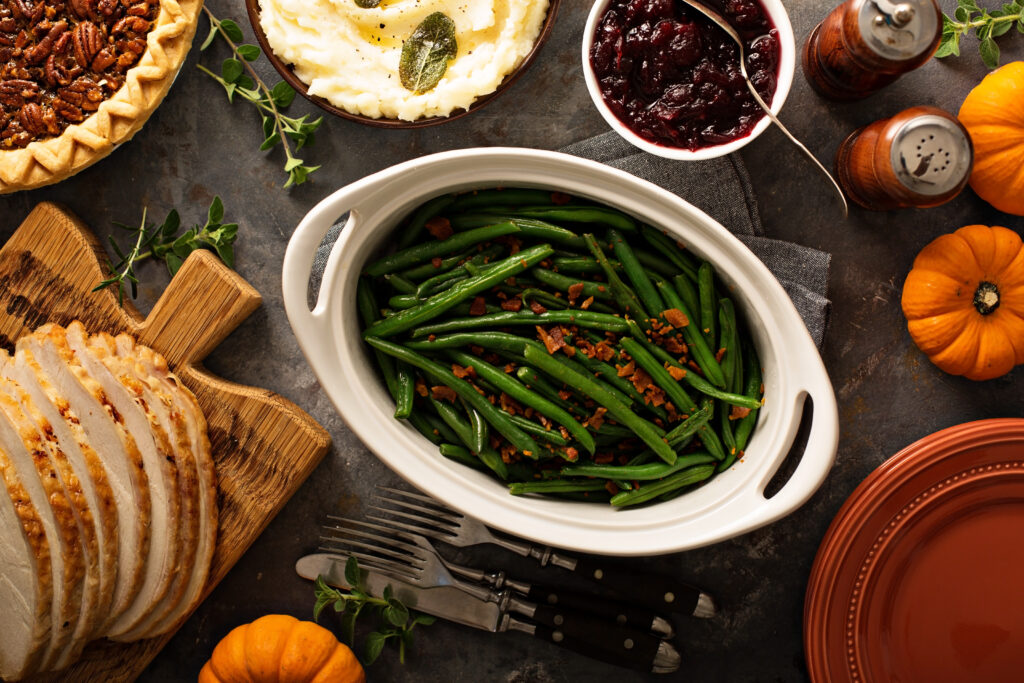 Green beans with bacon, side dish for Thanksgiving dinner overhead shot