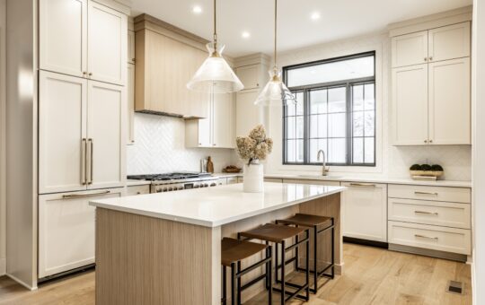 Modern kitchen with white cabinets, light wood accents, a large island with three brown stools, pendant lights above, built-in oven, gas stove, and a large window above the sink. Vase with flowers on island countertop.