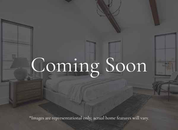 A softly lit bedroom with a large bed, nightstands, lamps, and windows is overlaid with the words Coming Soon. A note at the bottom says, Images are representational only; actual home features will vary.