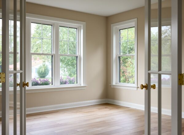 Bright, empty room with light beige walls, large windows letting in natural light, and wooden floors. French doors with glass panels open into the space, and greenery is visible outside.