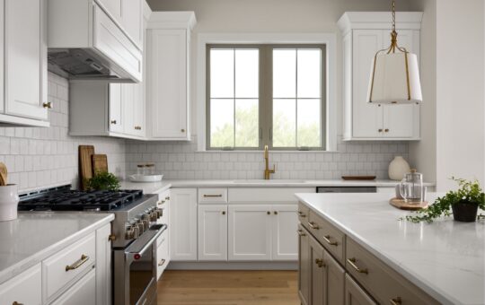 A modern kitchen with white cabinets, gold hardware, marble countertops, a gas stove, farmhouse sink, large window, and natural light. Potted plants and kitchenware decorate the counters.