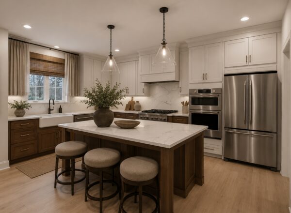 Modern kitchen with white cabinets, stainless steel appliances, a large island with four round stools, pendant lighting, and decorative plants on the counter. Light wood floors and a farmhouse sink complete the look.