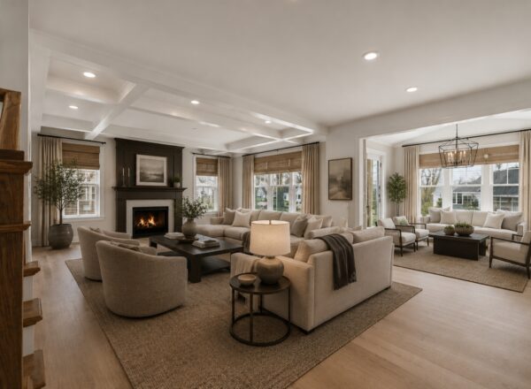 Spacious living room with neutral-toned sofas, two armchairs, a fireplace, large windows, wooden floor, and a cozy, elegant décor. A sitting area is visible in the background with natural light streaming in.