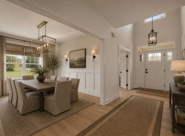 Spacious dining room with beige chairs, wooden table, large window, and greenery centerpiece. Entryway features a console table, lamp, front door, and natural light. Neutral tones throughout.