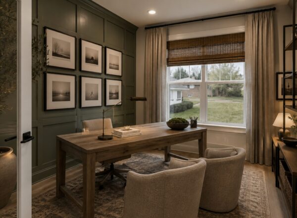 A cozy home office with a wooden desk, two beige chairs, framed art on a green paneled wall, shelves with books and decor, and a window with beige curtains overlooking a yard.