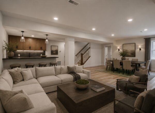 Modern open-concept living space with a beige sectional sofa, dark wood coffee table, bar area with stools, dining table with eight chairs, and stairs leading upward. Warm lighting creates a cozy, inviting atmosphere.