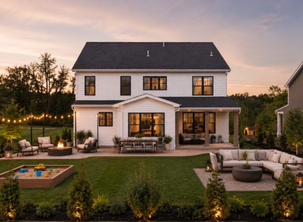 A modern two-story white house with a large backyard, patio seating, a dining area, fire pit, string lights, sandbox, and manicured lawn, photographed at sunset.