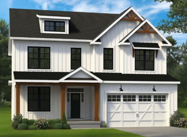 A rendering of a modern two-story white house with black framed windows, a covered porch, a dormer window, and a two-car garage. The exterior features wood accents, a lawn, shrubs, and trees in the background.