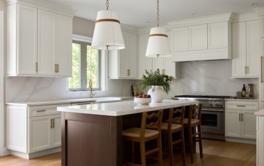 A modern kitchen with white cabinets, marble countertops, a large island with wooden base and four wooden chairs, pendant lights above, a vase with flowers, and a bowl of apples on the island.