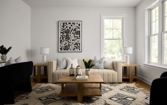 A modern living room with a beige sofa, wooden coffee table, two black armchairs, geometric rug, and large windows. Black and white art hangs above the sofa. The room is bright with natural light.