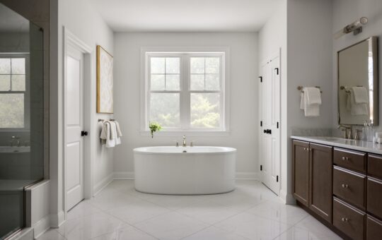 Modern bathroom with a freestanding white bathtub centered under a large window, marble tile floor, double sink vanity with brown cabinets, and a glass shower on the left. Towels and flowers add simple decorative touches.
