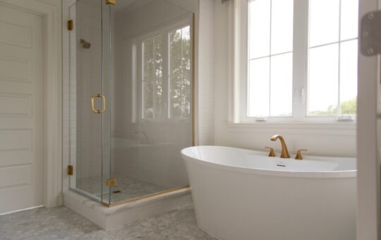 A modern bathroom with a glass shower, gold fixtures, a white freestanding bathtub, and large windows letting in natural light.